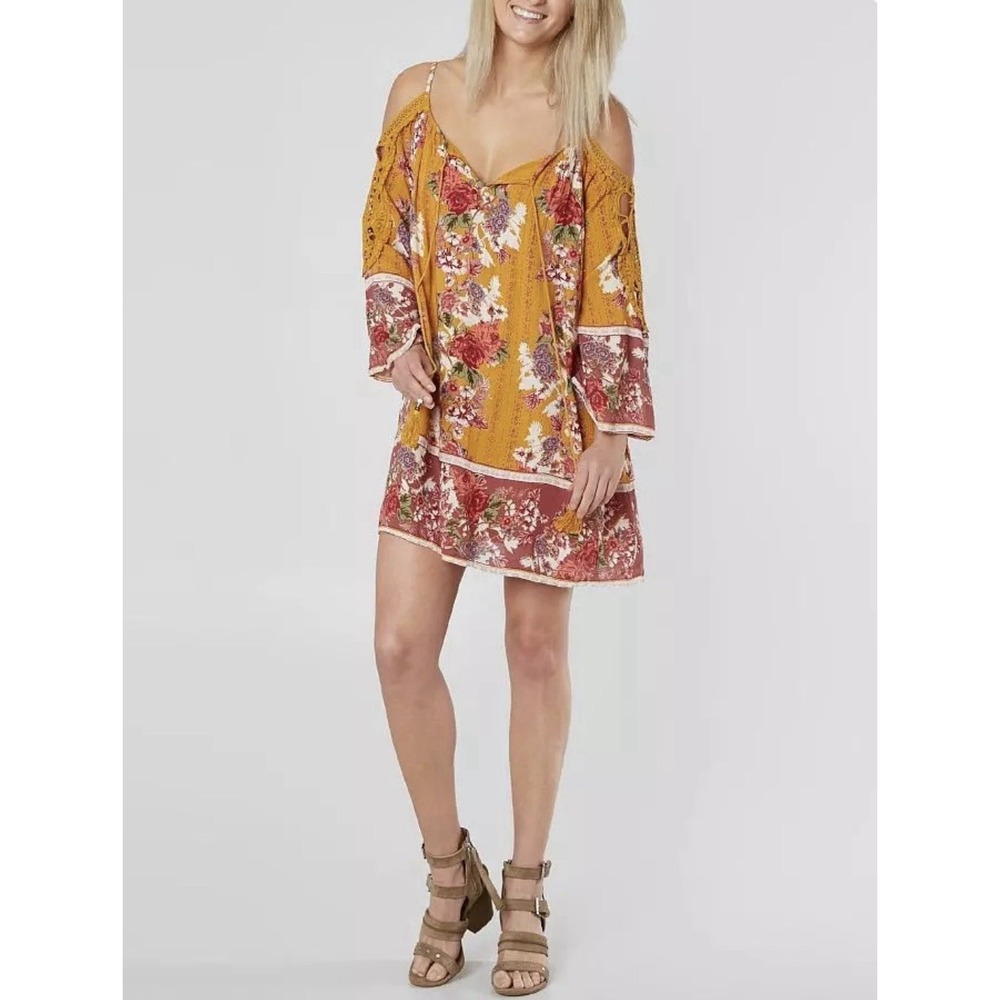 Angie Floral Cold Shoulder Dress Women's Size L Boho Rayon Casual Midi